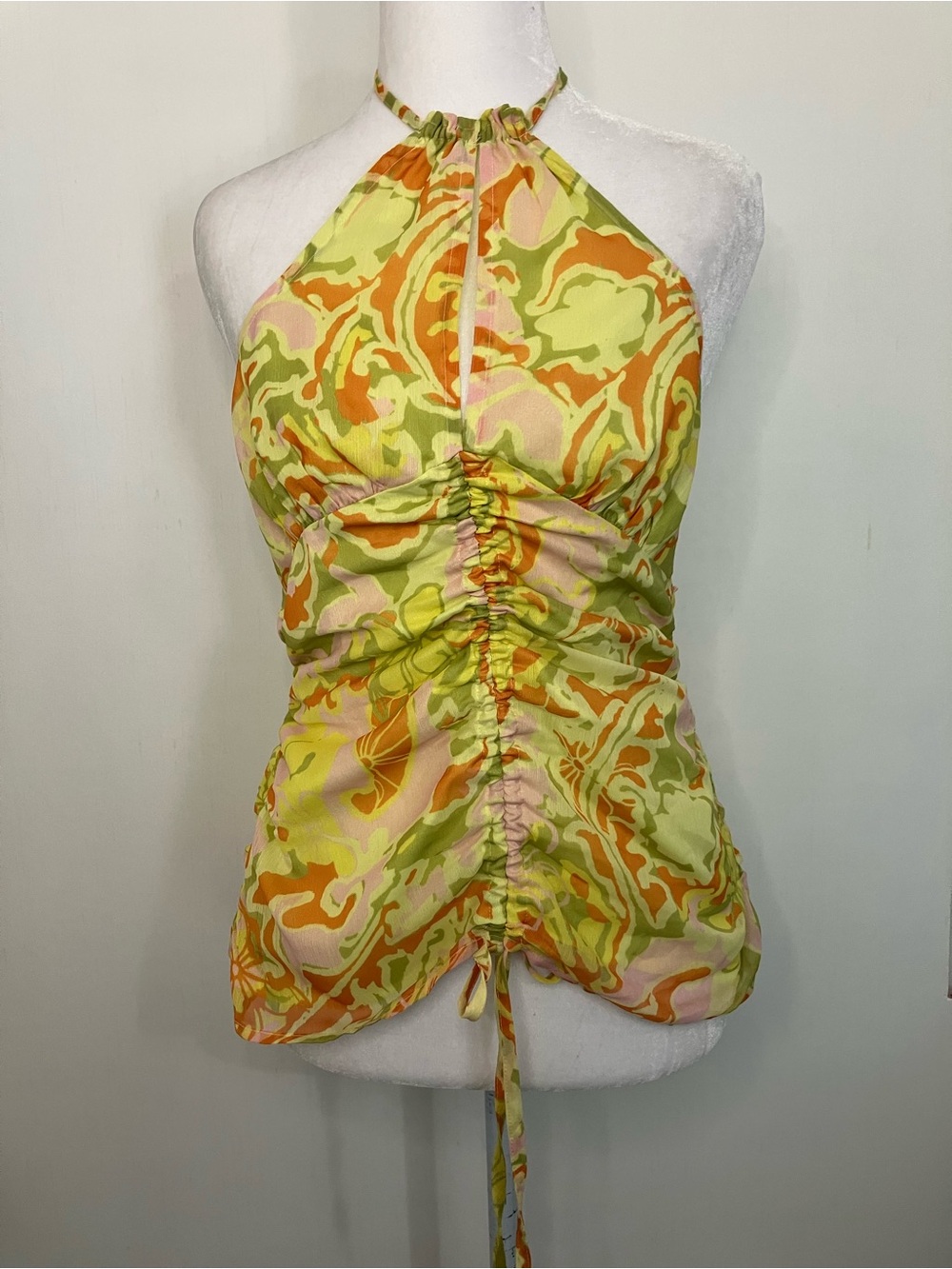 Free People Halter Top Smocked Ruched Beach 70s Print Rave Festival Yellow XS - Picture 2 of 9